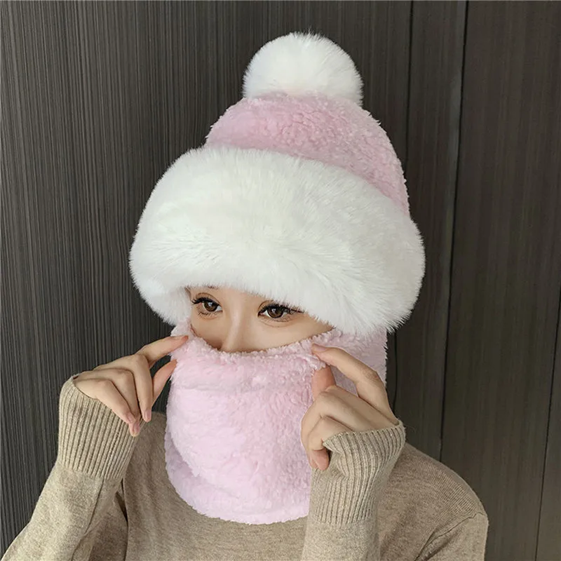 Women Winter Scarf Set Hooded Plush Neck Warm Outdoor Ski Windproof Hat Thick Plush Fluffy Beanies Cycling Cap