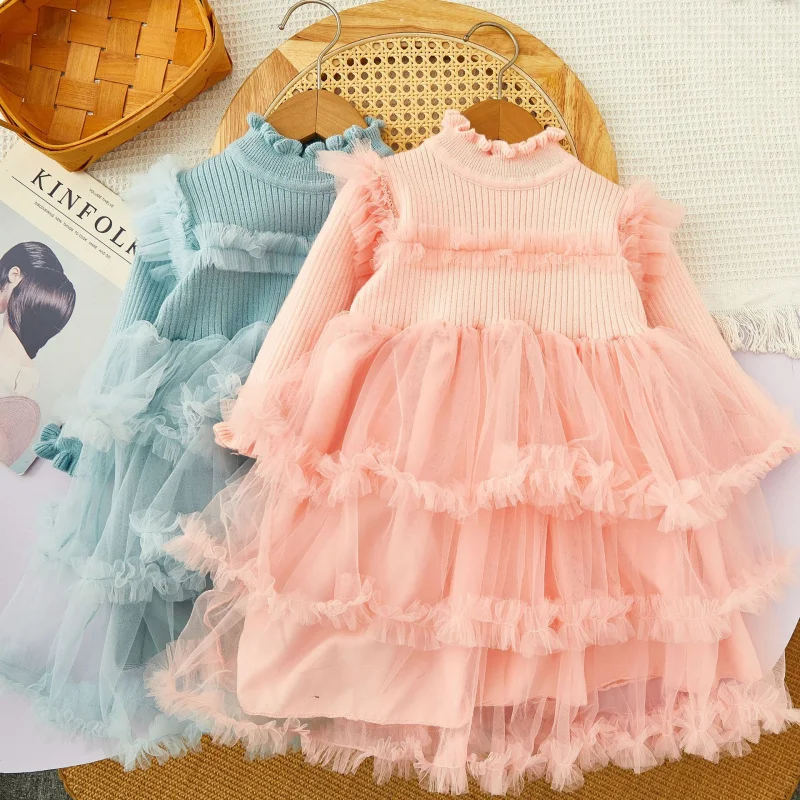 

Children's Knitted Sweater Dress New Autumn Winter Fashionable Stylish Patchwork Puffy Tulle Princess Dress for Girls
