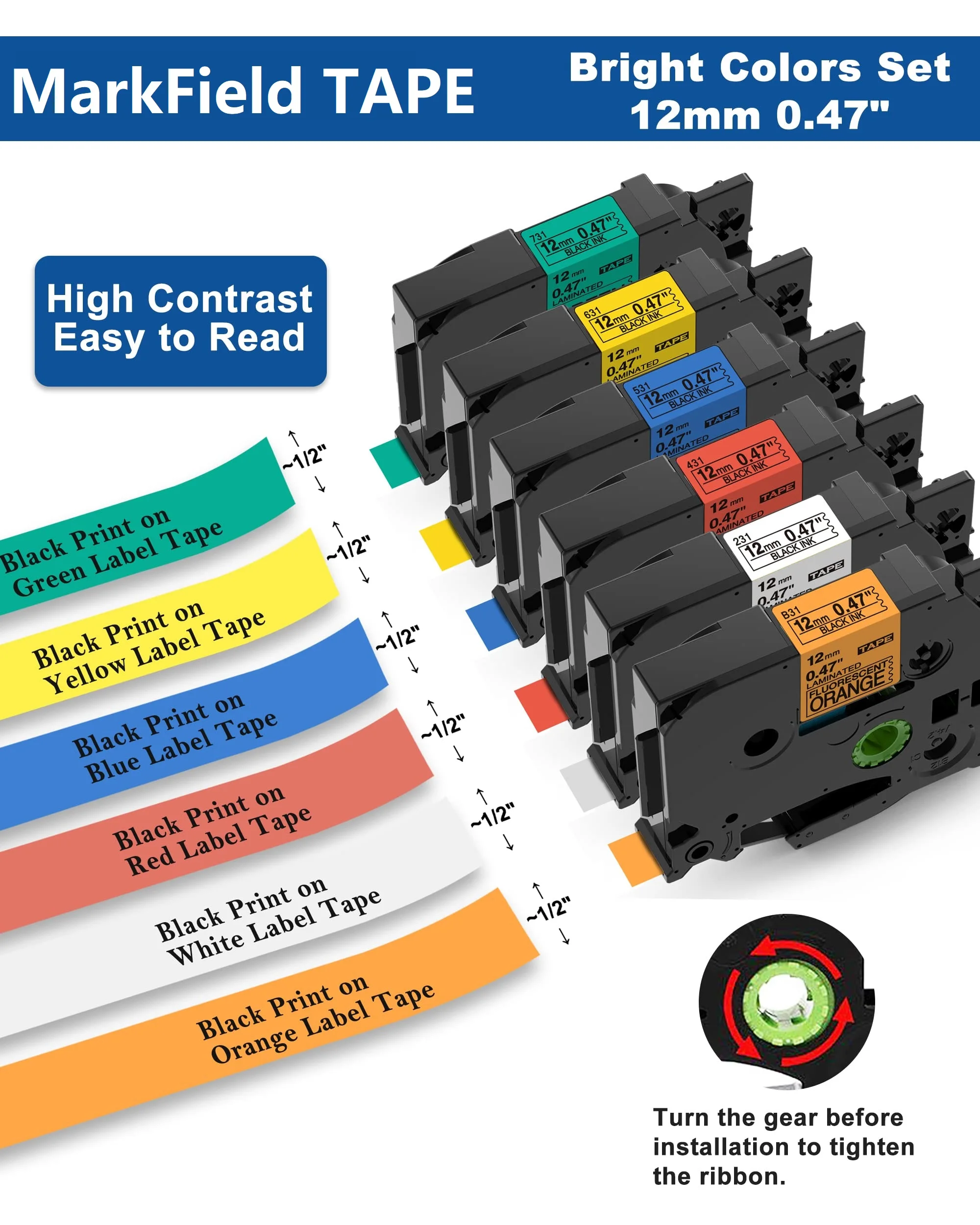 6-Pack Compatible Brother P Touch Label Tape TZe TZ Tape 12mm 0.47 Laminated Label Maker Tape for Brother Ptouch PT-D210 PT-H110