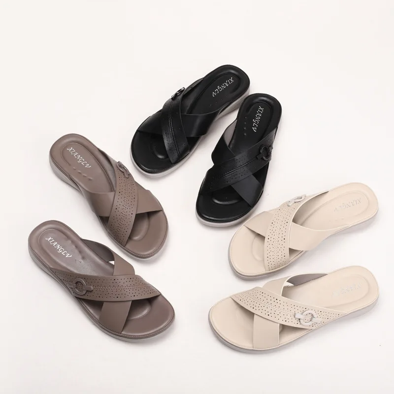 House Slippers Platform Female Shoes On A Wedge Big Size Rubber Flip Flops Low Slides 2024 Summer Hawaiian Flat Soft PU TPR Scan