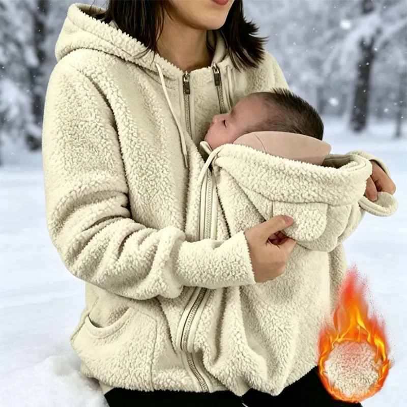 Chaqueta de maternidad con capucha y forro polar Sherpa para mujer, con bolsillo desmontable para llevar al bebé, abrigo cálido de invierno para mamá y bebé.