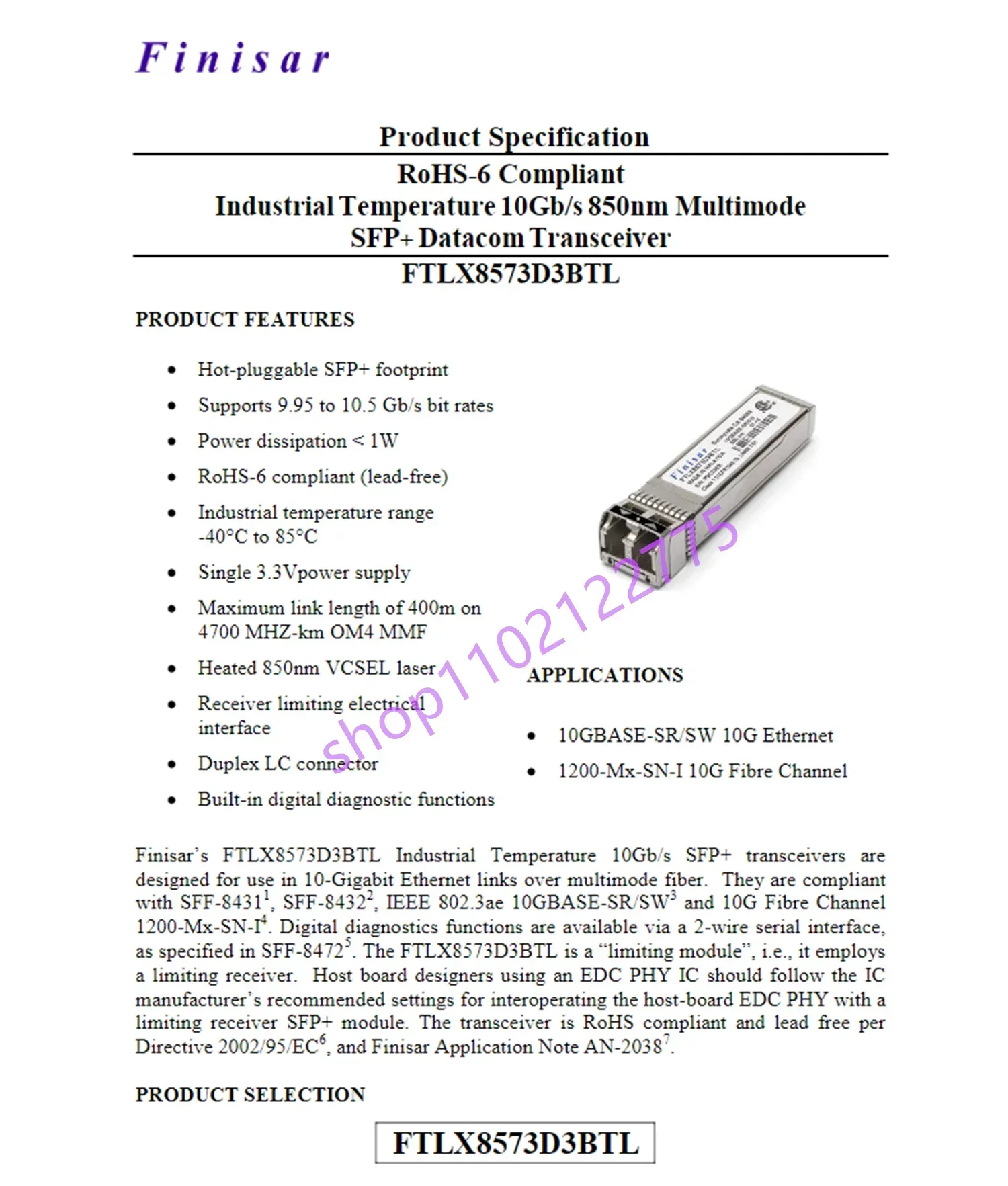 FINISAR 10GB module sfp FTLX8573D3BTL SFP+ 10G 850NM 300M  Multimode Fiber Transceiver Module/Finisar network adapter sfp