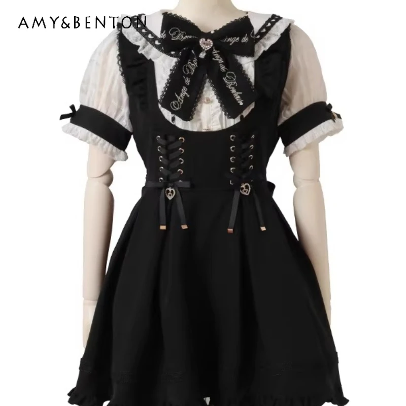 

2026 New Sweet Lolita Women's Dress Original Japanese Design Girl Lace Hollow Out Splicing Cute Bow Short-sleeved Dresses Ladies