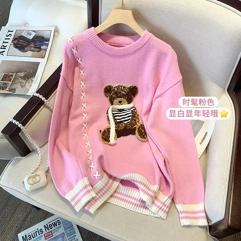 Vintage Side Seam Line Cute Bear Embroidery Sweater for Girls Varsity Students Kawaii Hoodies Coat Harajuku Couples Winter Tops