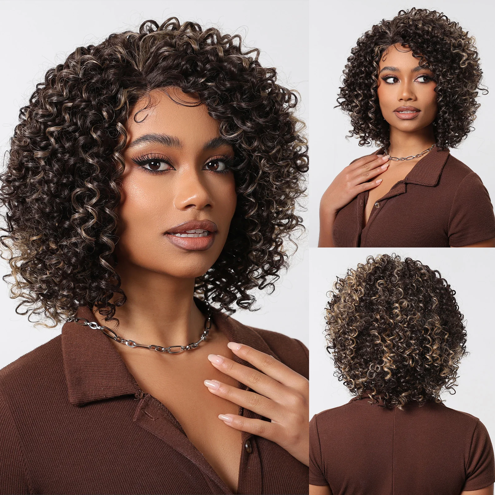 Afro Kinky Curly Lace Frontal Synthetic Wigs Natural Black Highlight Blonde Wigs Short Curly Bomb Wig Full Hair for Women Brazil