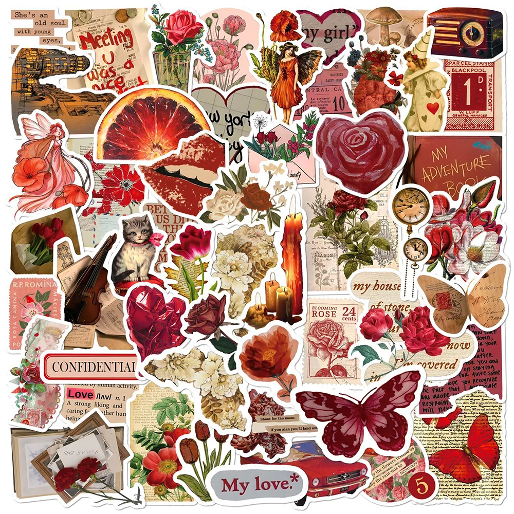 10/30/50pcs Vintage Red Art Aesthetic Stickers Rose Girl Decoration Waterproof DIY Phone Suitcase Water Bottle Graffiti Decals