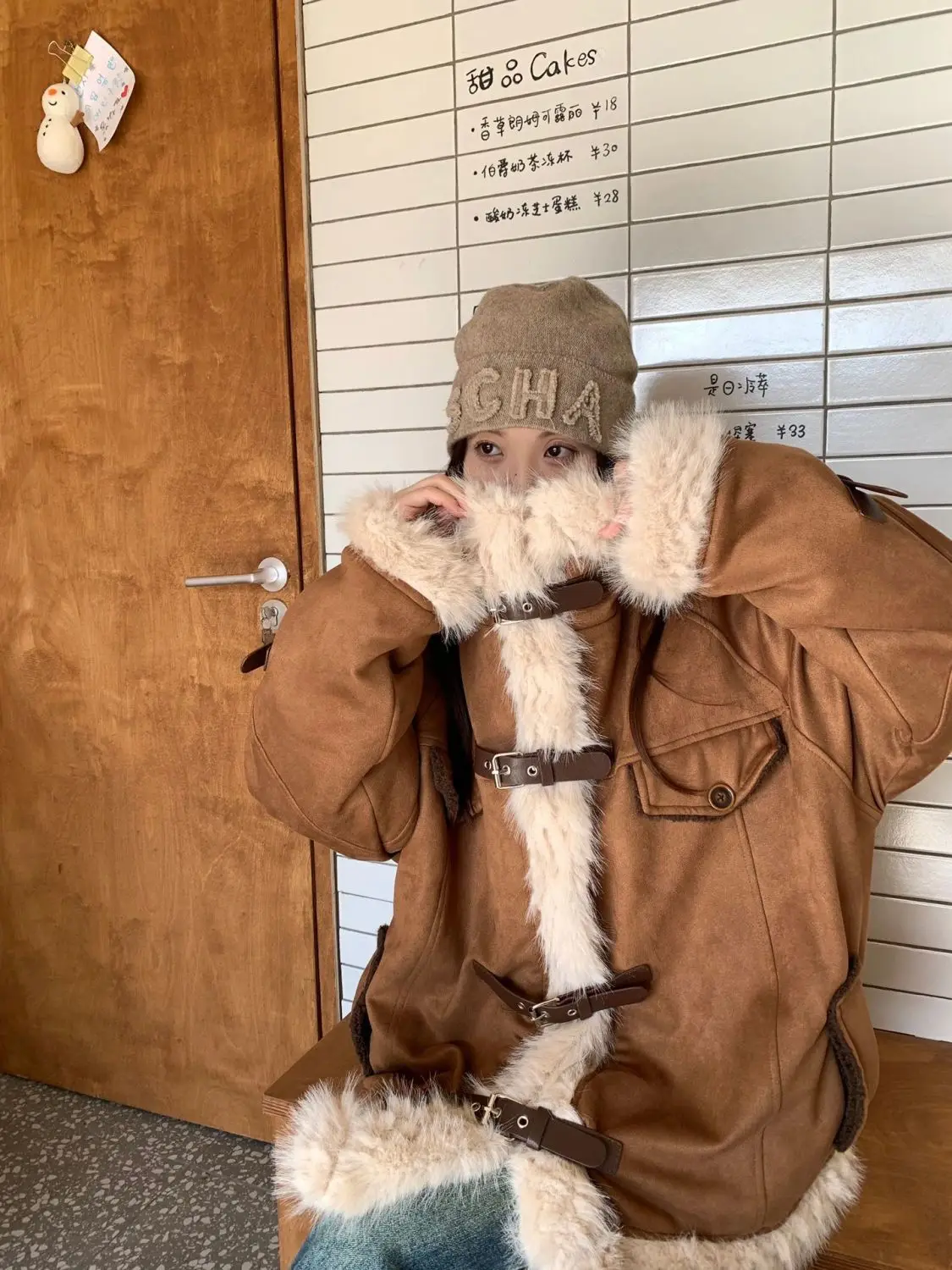 Chaqueta de motociclista acolchada con cuello de piel sintética de invierno para mujer Abrigo grueso y cálido