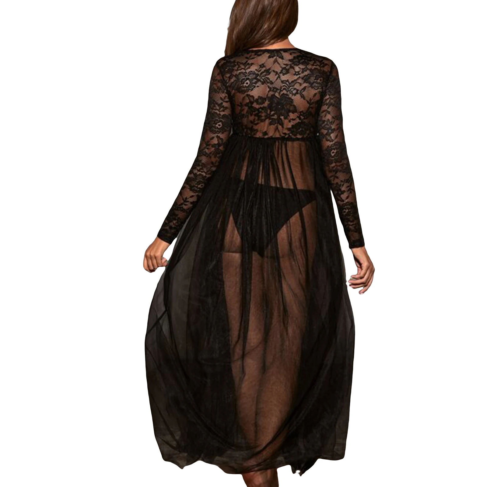 Women Sexy Lace Sheer V-Neck Lingerie Long Sleeve Long Dress Gown Morgenmantel Transparent Negligee Mesh Robe