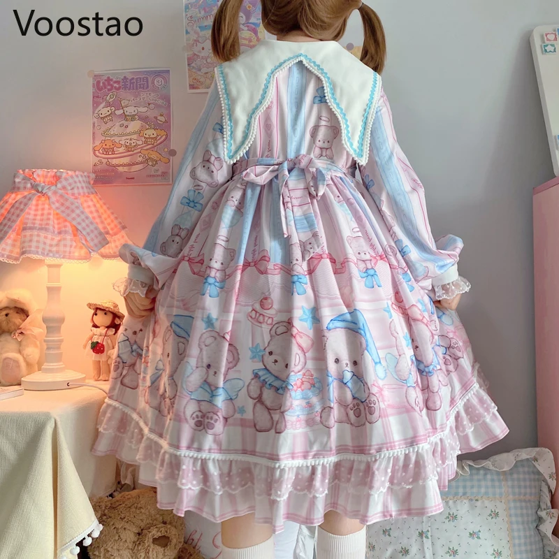 Japanese Sweet Lolita OP Dress Women Kawaii Cartoon Baby Bear Lace Bow Long Sleeve Cute Dress Girls Harajuku Tea Party Dresses