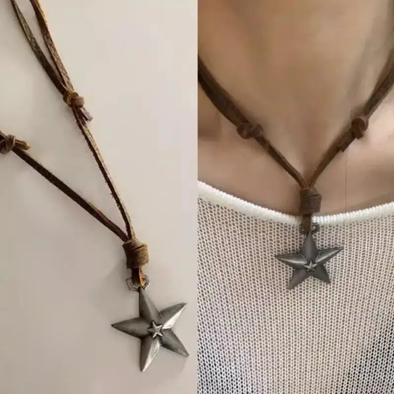 Trendy Vintage Pentagram Star Pendant Necklace Unisex Punk Leather Rope Adjustable Necklace Party Jewelry Accessories