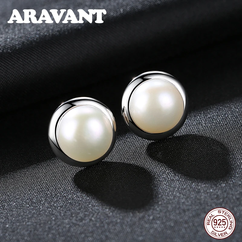 925 Sterling Silver Round White Pearl Stud Earrings For Women Fashion Jewelry