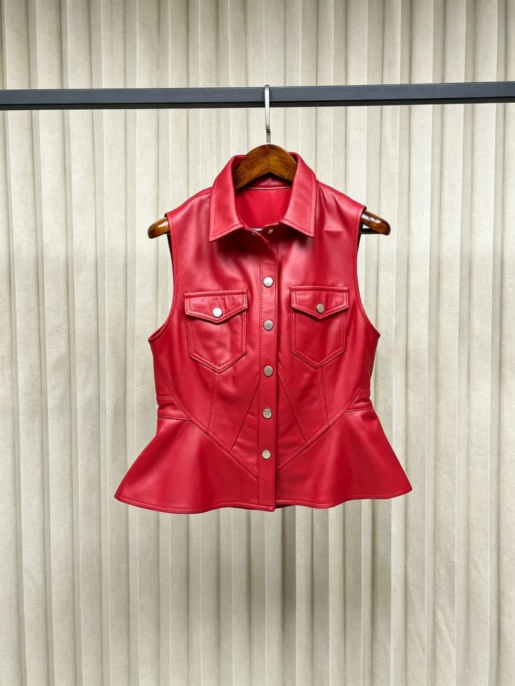 Women Causal Waistcoat Slim Fit Genuine Leather Sleeveless Jacket Streetwear High Waist Single Breasted Solid Sheepskin Vest