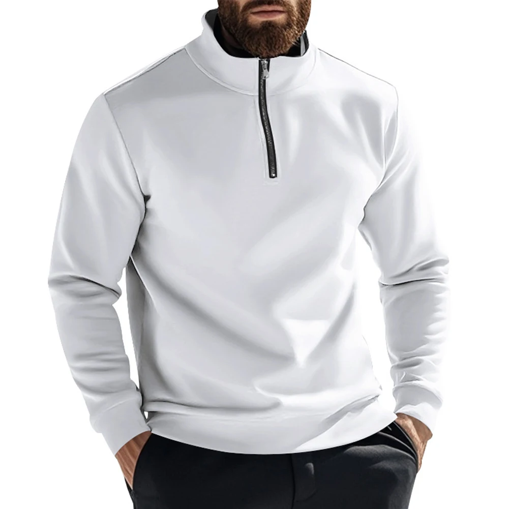 Mens Classic Winter Warm Comfortable Solid Color Sweatshirt Pullover Half Comfortable Stand Neck Slight Strech Fleece Casual