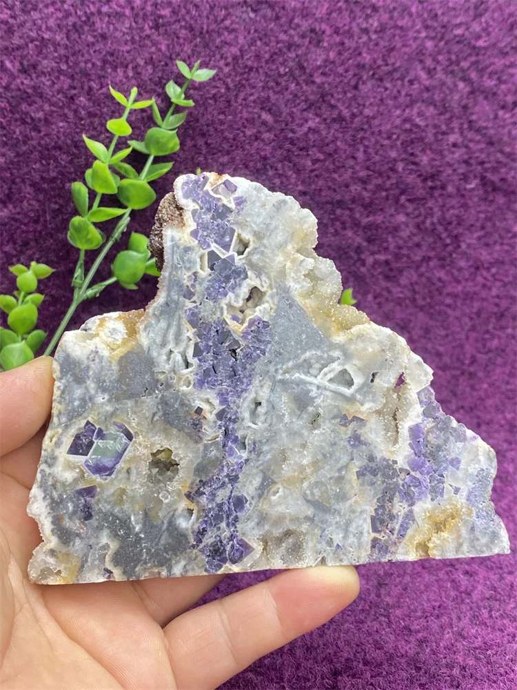 Natural Mineral Purple Sphalerite Polished Optical Cutting Picks Aura Gemstone Crystal Plate Office Home Decoration + Free Shelf