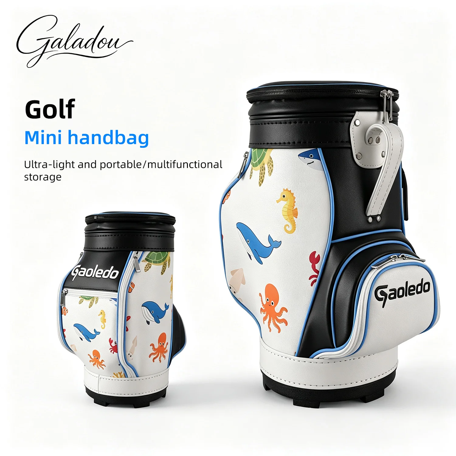 Gaoledou portable cartoon ocean-themed golf bag, lightweight vertical bucket-shaped structure, multi-functional independent storage space, faux leather wear-resistant material, exquisite topstitching craftsmanship, detachable top cover design