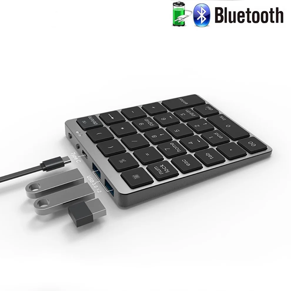 

Jomaa Bluetooth Number Pad 28 Keys Aluminum Rechargeable Wireless Numeric Keypad with USB HUB Port Numpad Financial Accounting