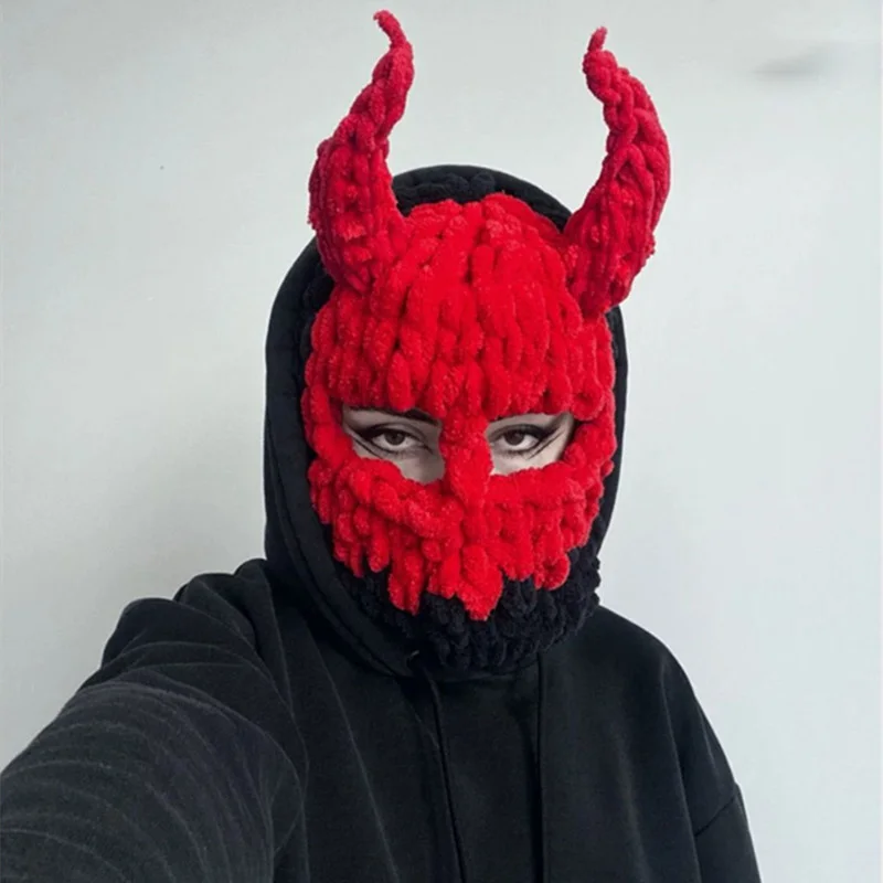 Mężczyźni Gothic Balaclava Halloween Devil Horn Beanie Hat Full Face Cover Ski Mask Hat Winter Windproof Wool Knit Hat For Outdoor