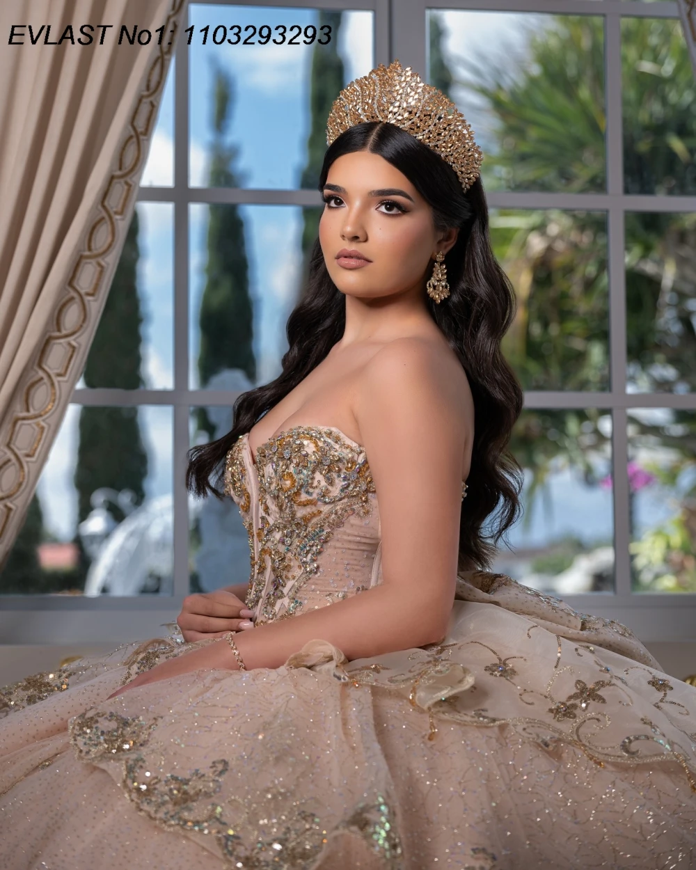 EVLAST 맞춤형 글리터 핑크 퀸세아네라 드레스 볼 가운 골드 스팽글 아플리케 비즈 장식 리본 스위트 16 베스티도스 데 15 아뇨스 E1QN685