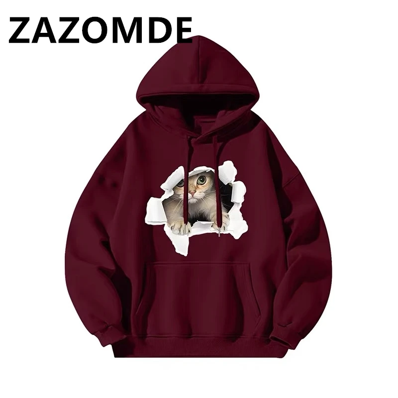 ZAZOMDE Winter Cat Print Hoodies Cotton Sweatshirt Men Hooded Harajuku Oversized Funny Tops Unisex Graphic Warm Pullover Hoody