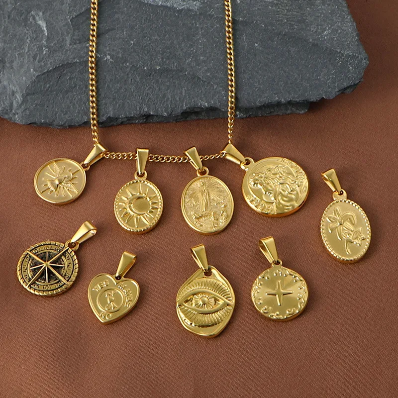 Yori 2Pcs DIY Roman Statue Virgin Mary Heart-shaped Gold Round Pendant Accessory for Making A Necklace Jewelry Waterproof