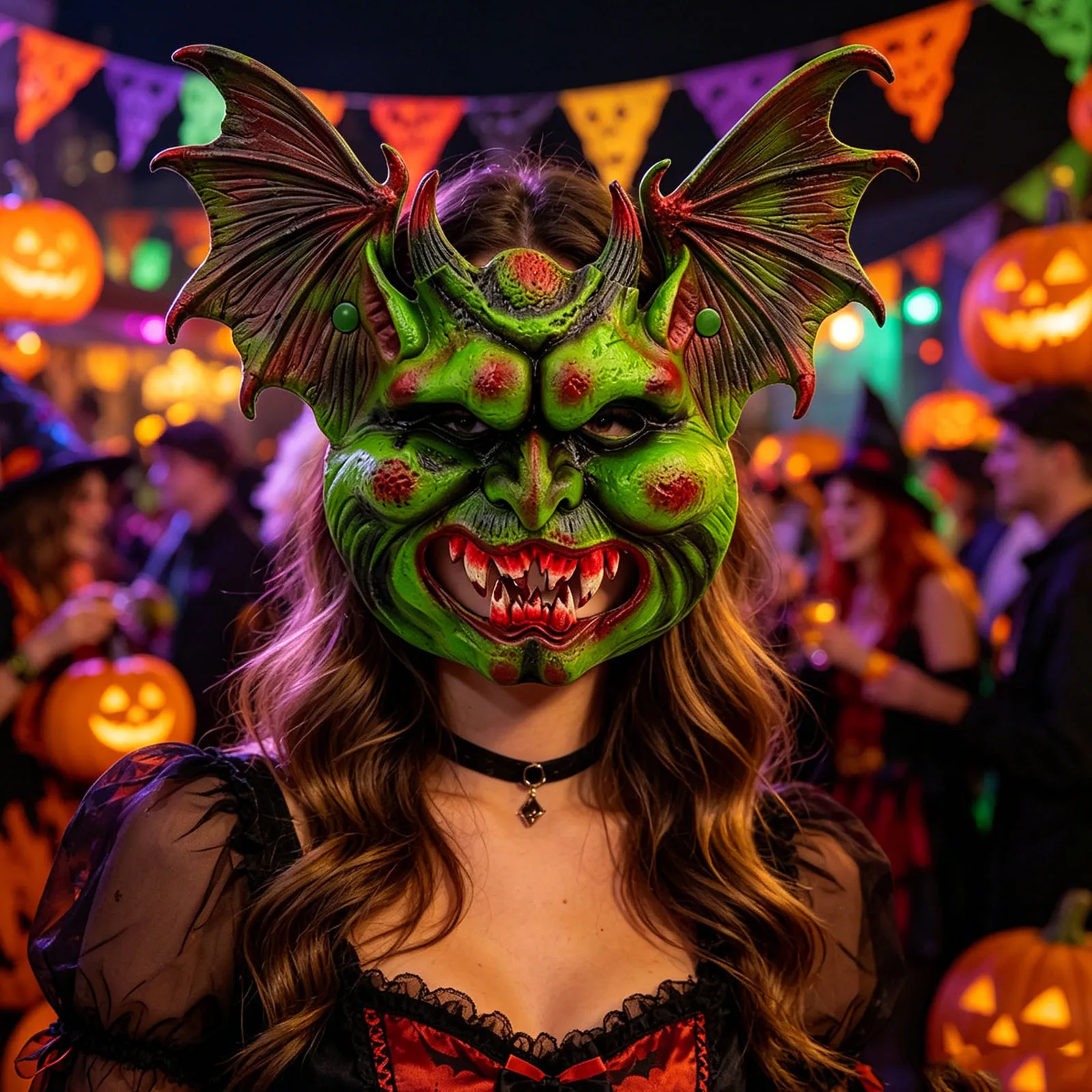 Halloween Green Demon Latex Mask With Bat Wings Scary Fangs Horror Cosplay Costume Prop For Adult Party Carnival Dress Up