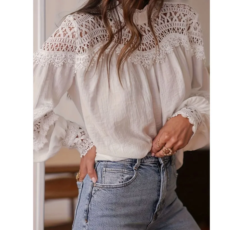 

Elegant Womam's Shirts Spring Autumn Casual Solid Color Hollow Out Stand Collar Ladies Blouses Flare Sleeve Office Lady Top
