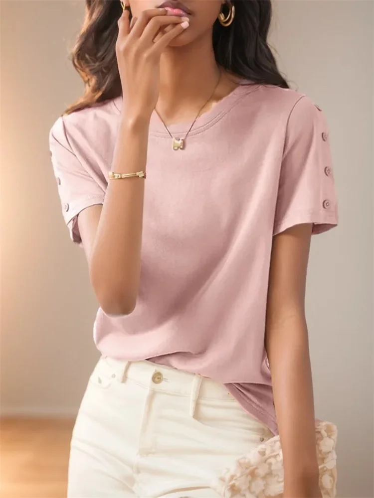 ZANZEA Women Solid T-shirts Casual Round Neck Tops 2024 Summer Short Buttons Sleeve Tees Korean Fashion Simple Basic Tunics