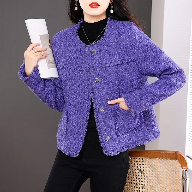

Autumn New Winter Tweed Coat Women French Elegant Temperament Round Neck Runway Design Chic Female Jacket