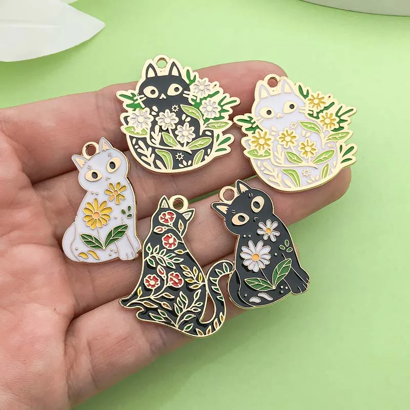10pcs Enamel Cute Flower Cat Charms Alloy Metal Animal Pendants for DIY Bracelet Necklace Jewelry Making Accessories