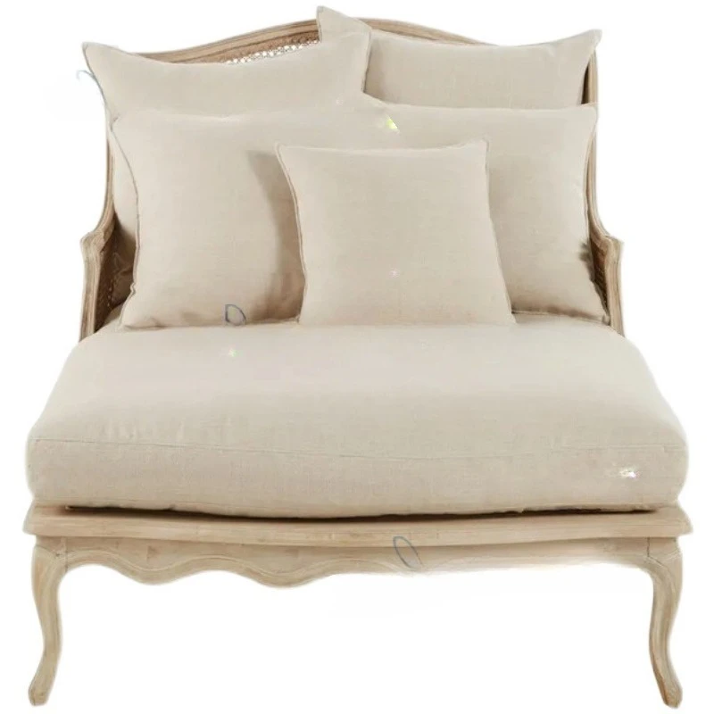 

American retro old solid wood lazy sofa French engraved rattan art concubine chair beauty couch living room bedroom sofa