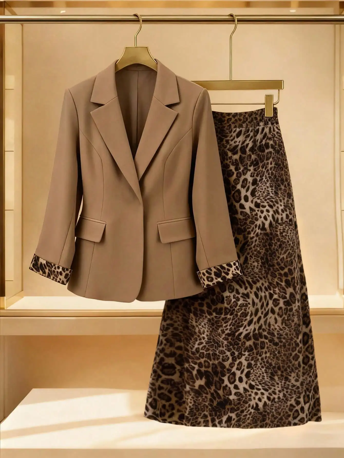 

Костюм для полных женщин: блейзер и юбка с леопардовым принтом, рукав 3/4, приталенный крой, осенне-зимний офисный повседневный наряд