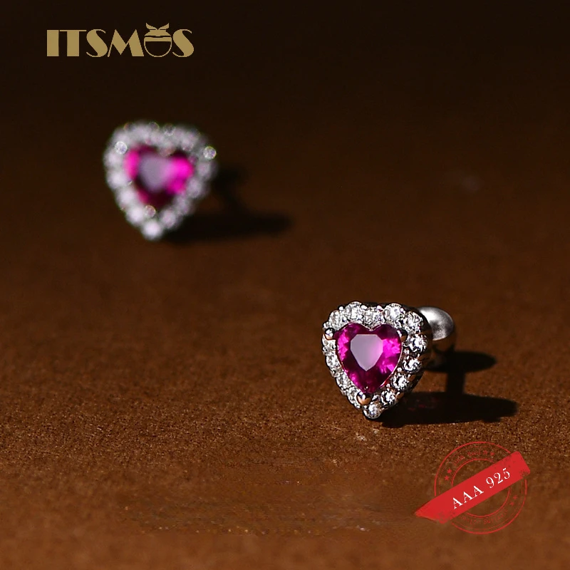 ITSMOS S925 Sterling Silver Sweet Diamond Pink Zircon Earrings Love Screw Studs Cartilage Tragus Lobe Teen Ear Piercing Jewelry