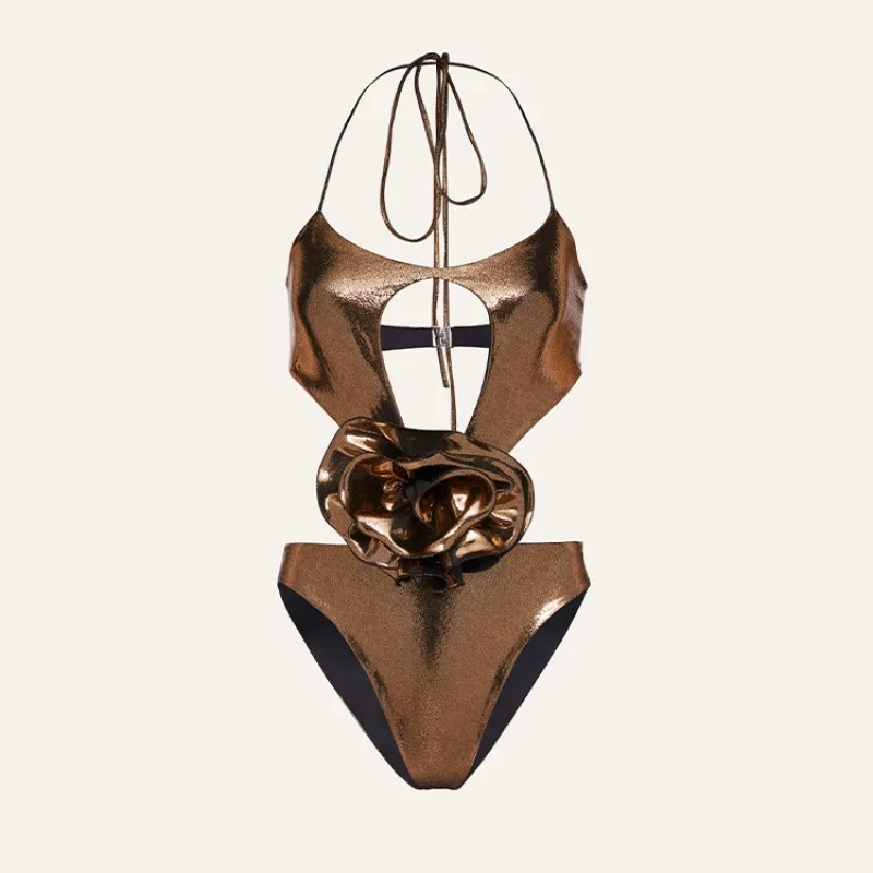 

Цельный купальник для женщин в европейском и американском стиле, с объемным цветочным декором на горловине, сексуальный купальник с вырезами.