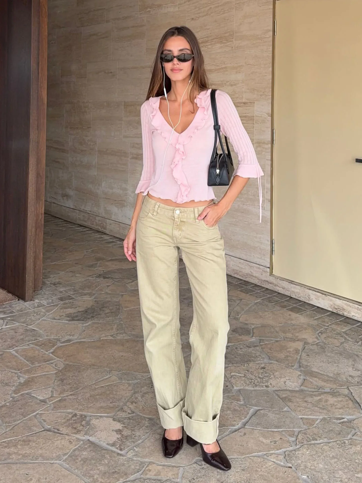 Pink Knitted Top with Wood Grain Ruffle Seven Sleeve V-neck Pleated Flower  Casual Style Waist-cinching Design Short Length