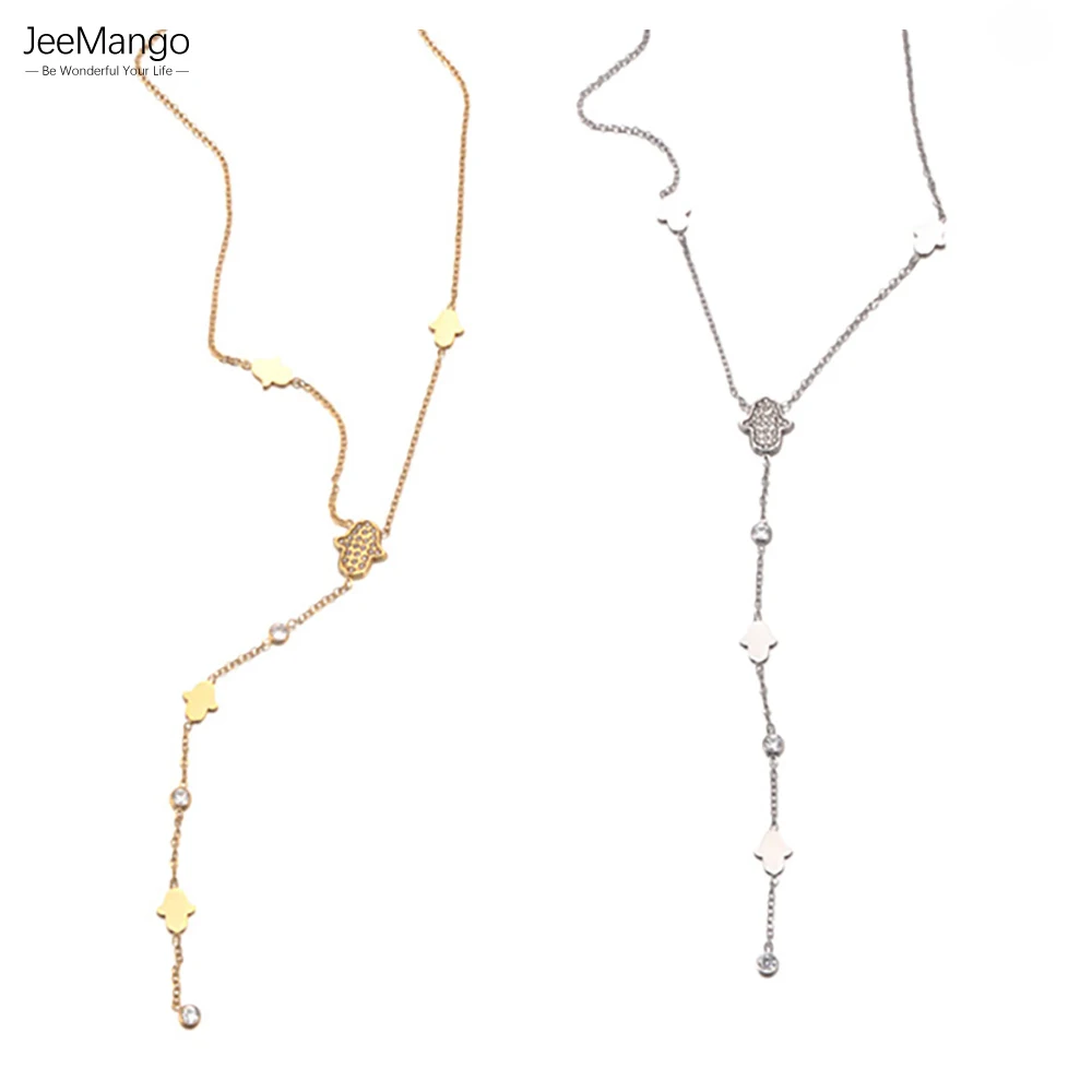 JeeMango Edelstahl Y-förmigen Lange Quaste Halskette Für Frauen Mode Bunte Zirkon Anhänger Schmuck Zubehör N25081
