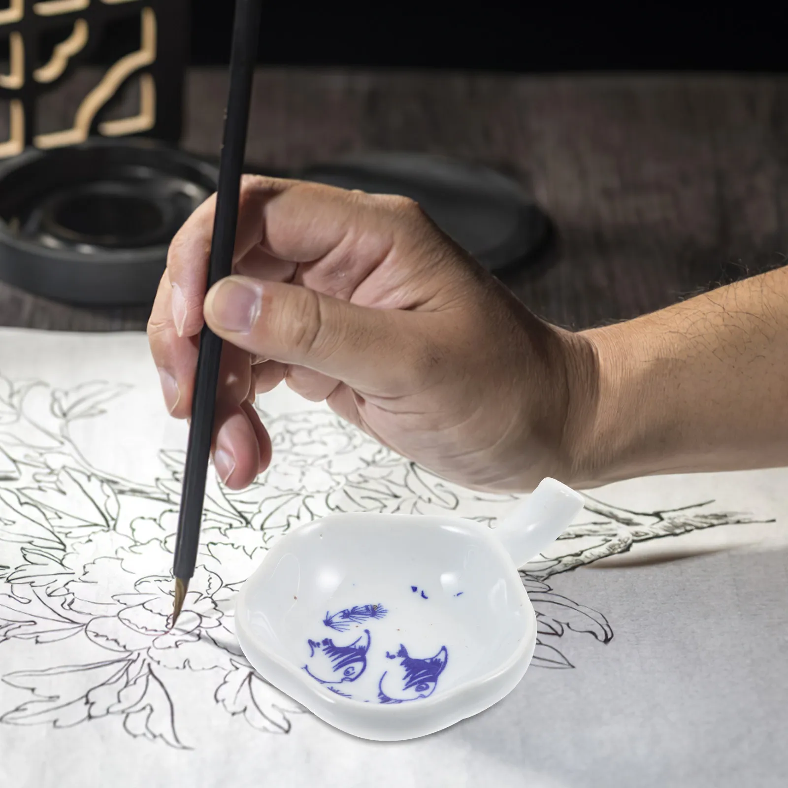 

Набор из 2 керамических чаш для чернил (сине-белый фарфор), большая емкость, подставка для кистей, принадлежности для каллиграфии