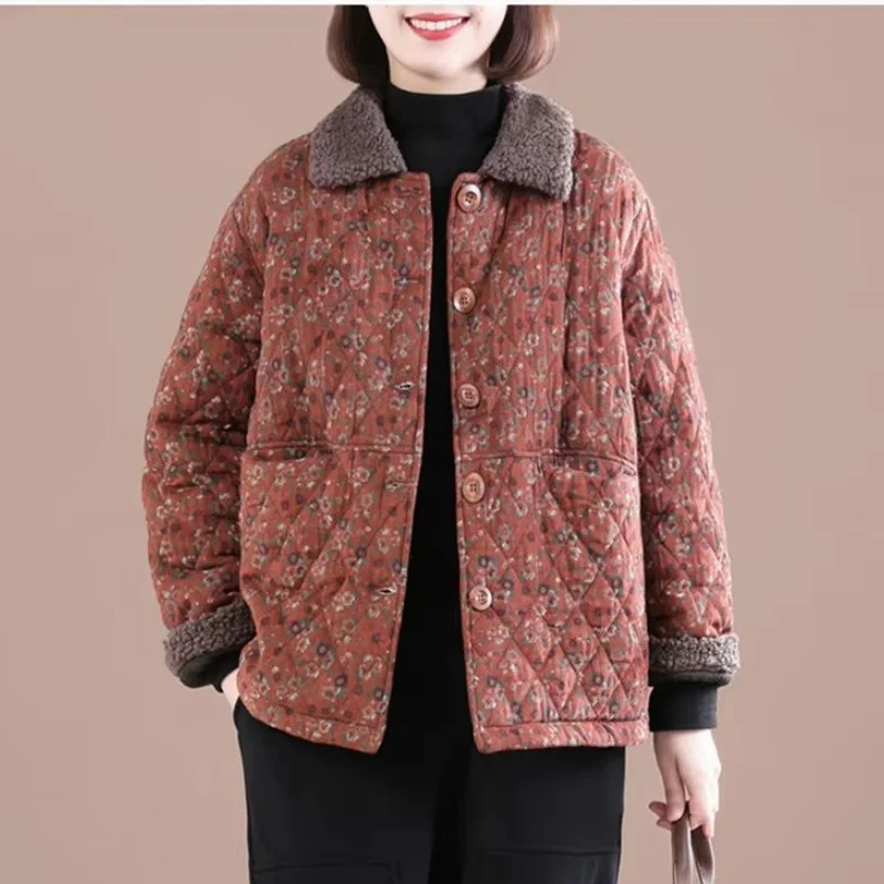 Women Retro Autumn Winter Loose Short Cotton-padded Jacket Women Floral  Lapel Cotton Coat Middle-aged Single-breasted Outwear