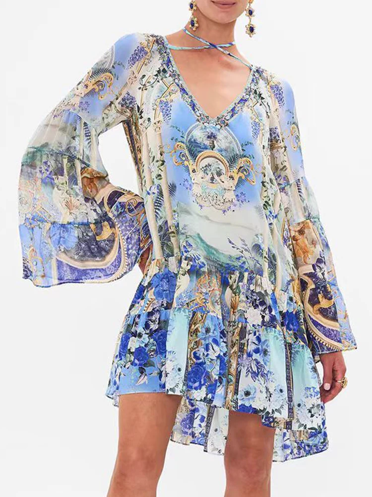 

V-neck hot drill lace up flared sleeves retro geometric print dress 2025 spring women's fashion pleated loose pouffant skirt