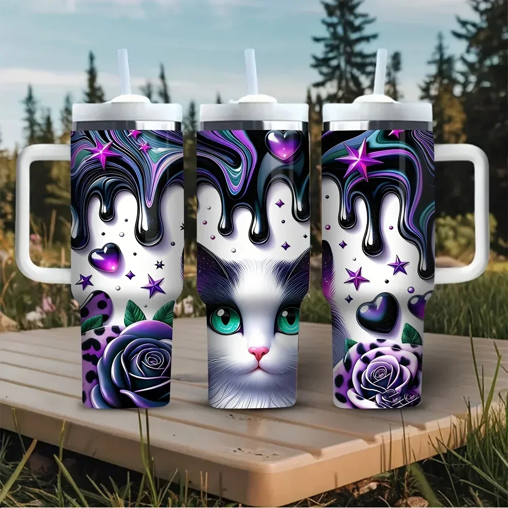 40oz Tumbler with Handle, Features Cool Purple Dripping Cat Rose Print, Suitable for Cat Lovers, Ideal for Outdoor Travel and Daily Use, Great for All Seasons, Fits Both Hot and Cold Drinks