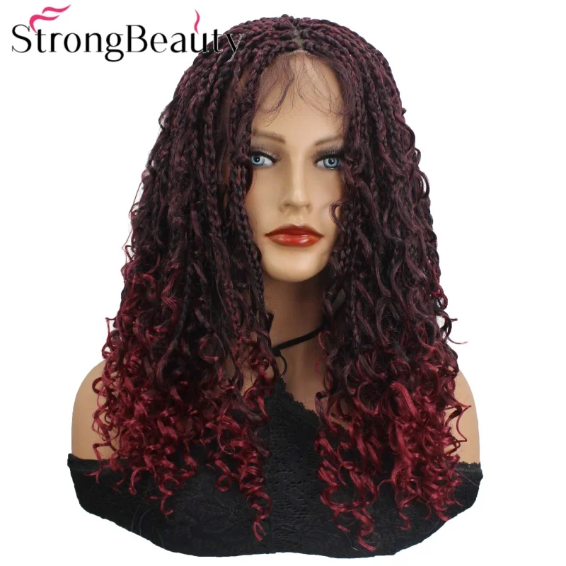 StrongBeauty Synthetic 3‑Strand Twist Braided Wig 440g Ombre Burgundy Lace Front Wig Curly Ends Goddess Braid Wigs 16 Inch 45cm