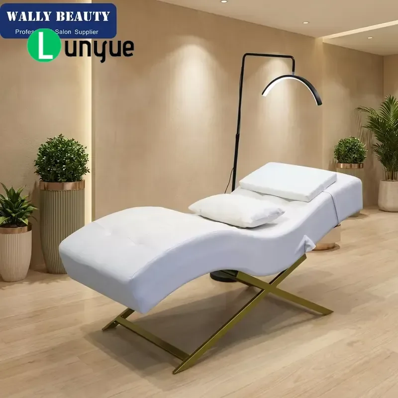 White PU Electric Beauty Bed Gold Metal Frame Facial Massage Chair for Eyelash Salons Spas Clinics Comfortable Recumbent