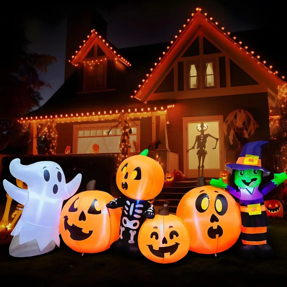 

Halloween Inflatable 8 ft Long Three Halloween Characters and Pumpkin Patch Blow Up Inflatables with Build-in LEDs