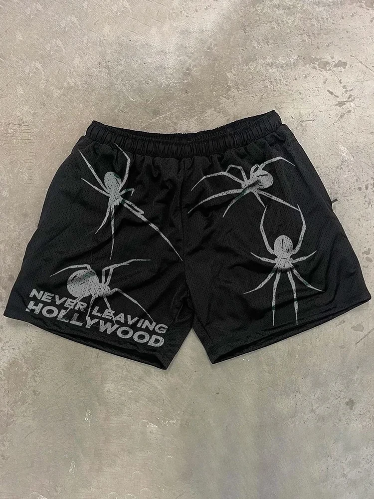 Summer Fashion Loose Retro Spider Letter Print Street Shorts Breathable Quick Dry Training Gym Fitness Running Sport Shorts Moto