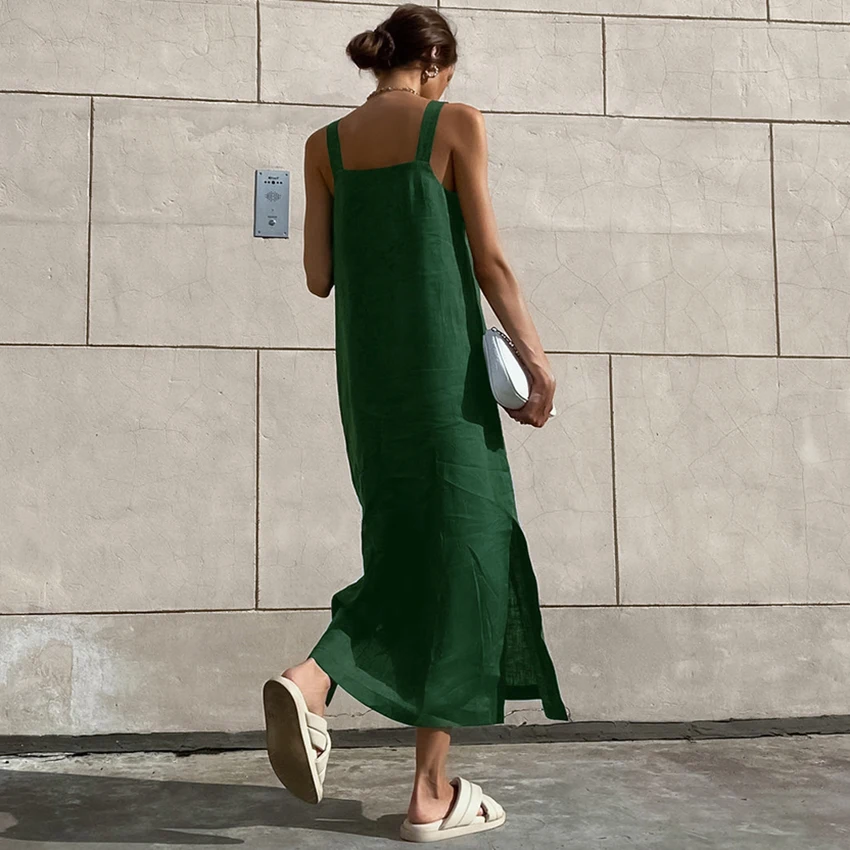 

Linad Summer Sexy Black Split Long Dress Woman Casual Backless Loose Holiday Dresses Cotton Linen Spaghetti Strap Dress Beach
