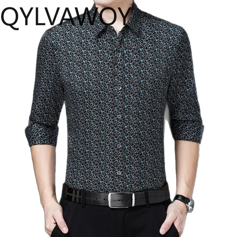 QYLVAWOY 92.5% Mulberry Silk Men's Shirts Long Sleeve Shirt Floral Shirts for Man High Quality Tops Premium Menswear Clothing