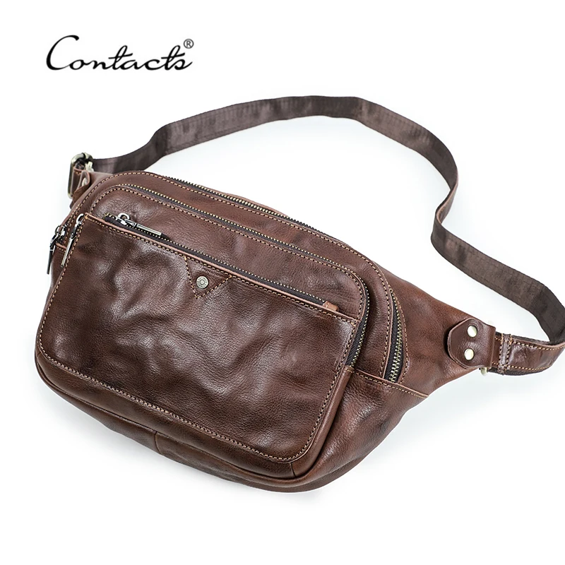 CONTACT'S Genuine Leather Men's Waist Bag Luxury Designer Casual Fanny Pack Belt Bag Phone Pouch Male Crossbody Chest Bag