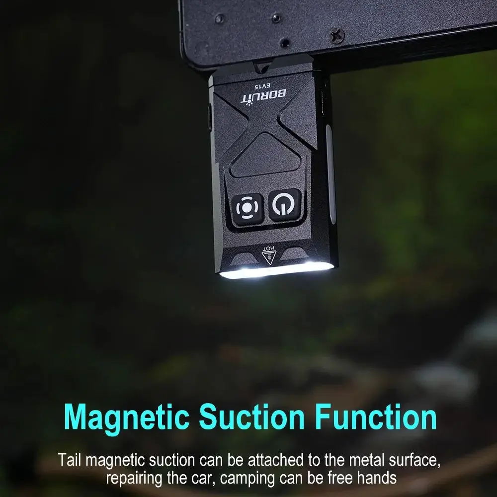 BORUiT EV15 LED UV EDC مصباح يدوي سلسلة مفاتيح مغناطيسية ضوء العمل نوع-C قابلة للشحن الشعلة قبعة كليب مصباح التخييم جيب فانوس