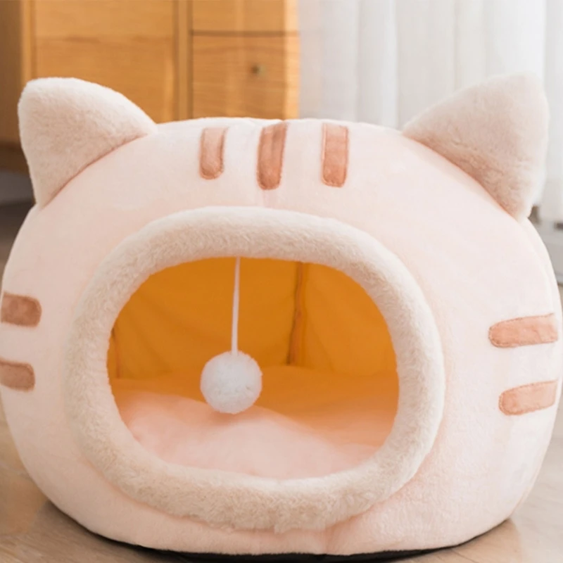 Cama para animais estimação veludo quente à prova casa fofa formato gatinho, canil com pendurado,