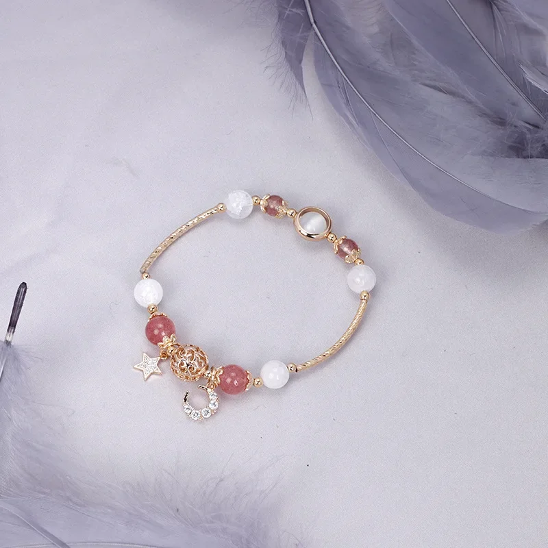 Moon Star Yellow Purple Crystal Strawberry Crystal White Moonstone Gold Color Charm Bracelets for Women Fine Jewelry YBR258