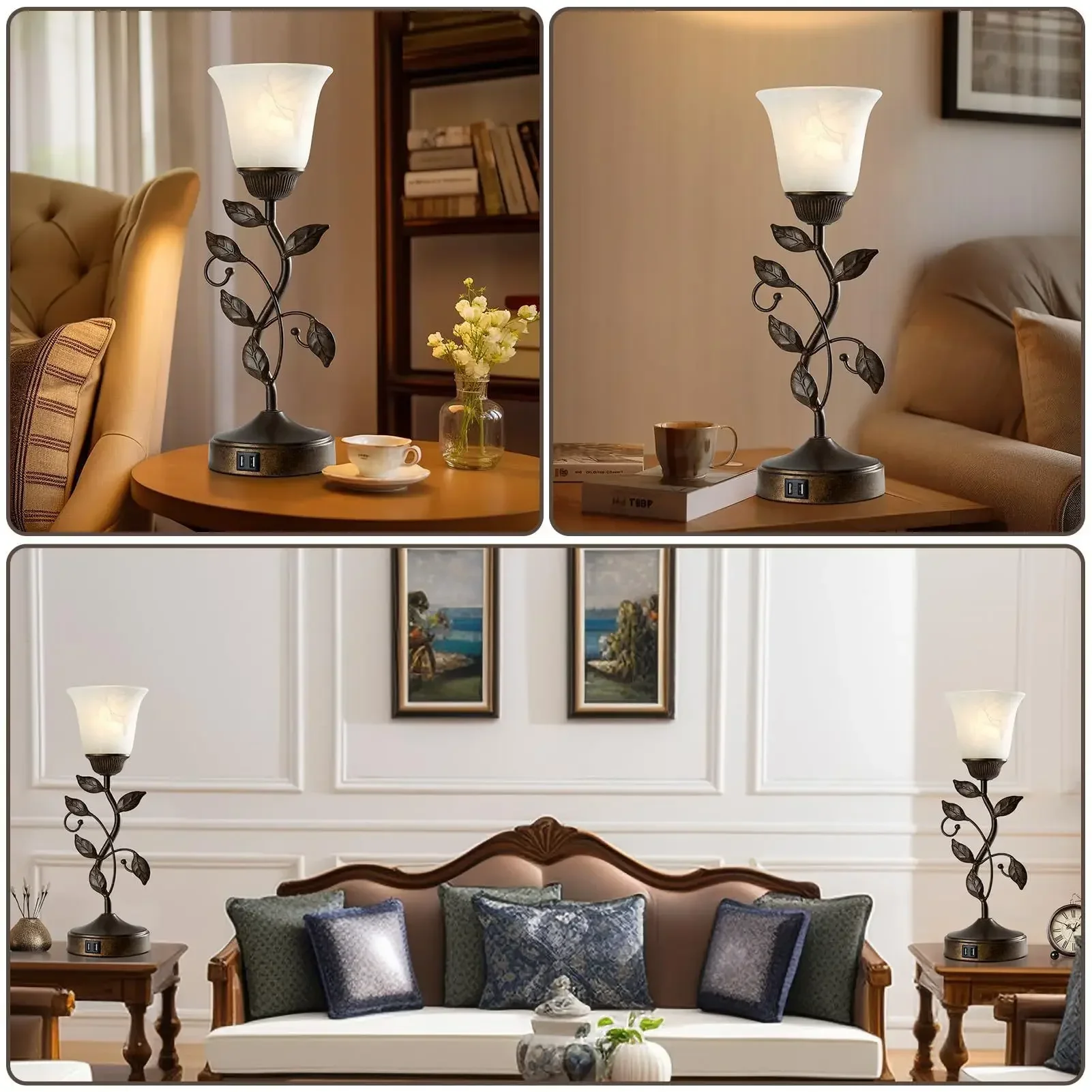 19inch Vintage Touch-Control Desk Lamp with 2 USB Ports, Handwoven Wicker Base & Stained Glass Floral Shade, Includes LED Bulb